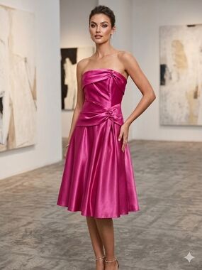 Fiesta Strapless Satin Cocktail Dress in Fuchsia-Magenta Pink Like New